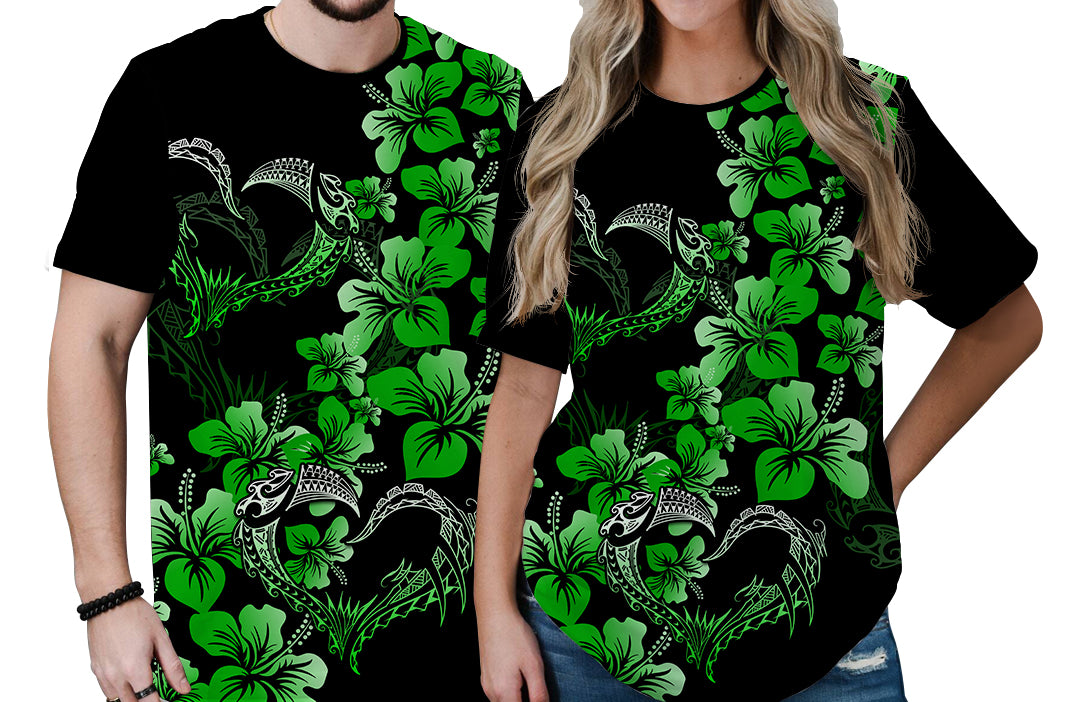 Polynesian Valentine T Shirt Hibiscus Flowers Green Style LT6 No Men - Polynesian Pride