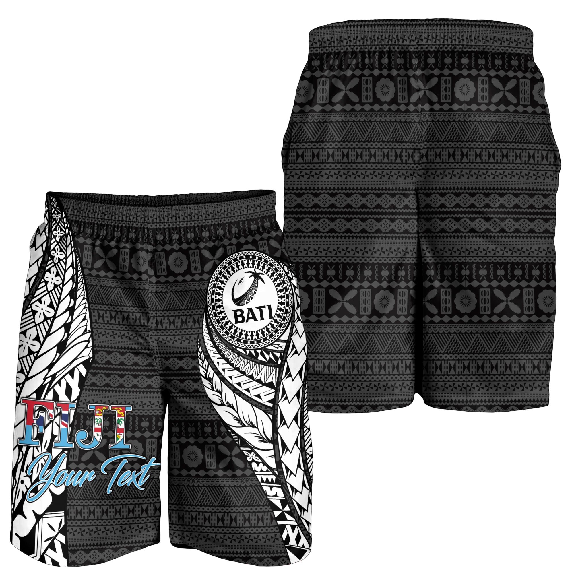 (Custom Personalised) Fiji Rugby Bati Tapa Pattern Men Short - LT2 BLACK - Polynesian Pride