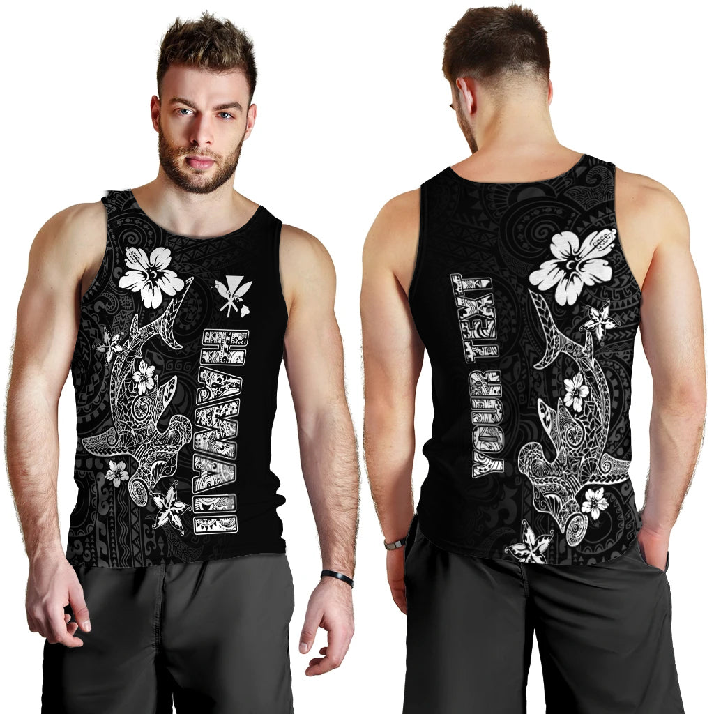 (Custom Personalised) Hawaii Hammerhead Shark Hibiscus Hawaii Pattern Men Tank Top - LT2 BLACK - Polynesian Pride