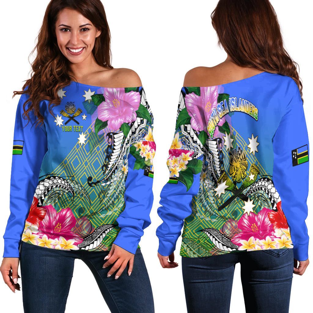 (Custom Personalised) South Sea Islanders Kanakas Hibiscus Polynesia Women Off Shoulder Sweater - LT2 Women BLUE - Polynesian Pride