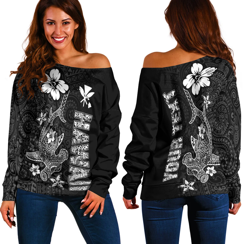 (Custom Personalised) Hawaii Hammerhead Shark Hibiscus Hawaii Pattern Women Off Shoulder Sweater - LT2 Women BLACK - Polynesian Pride