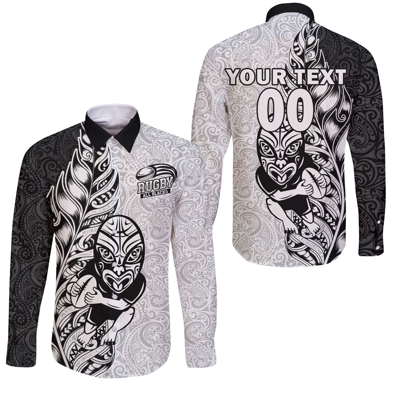 (Custom Personalised) New Zealand Maori All Black Rugby Long Sleeve Button Shirt - LT2 Unisex WHITE - Polynesian Pride