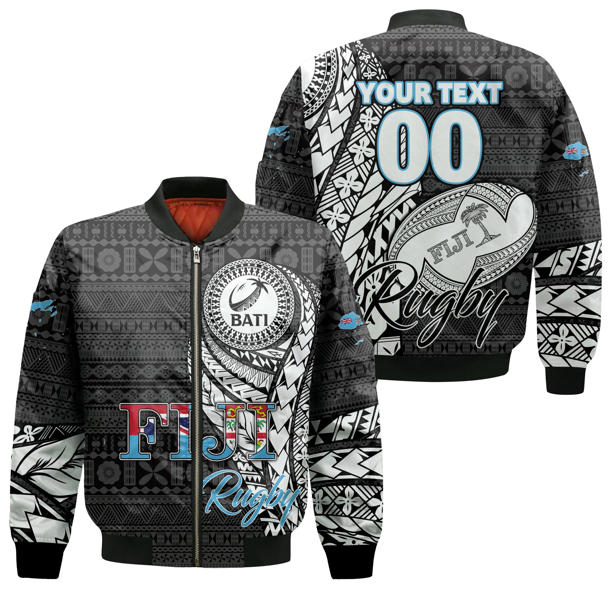 (Custom Personalised) Fiji Rugby Bati Tapa Pattern Bomber Jacket - LT2 Unisex BLACK - Polynesian Pride