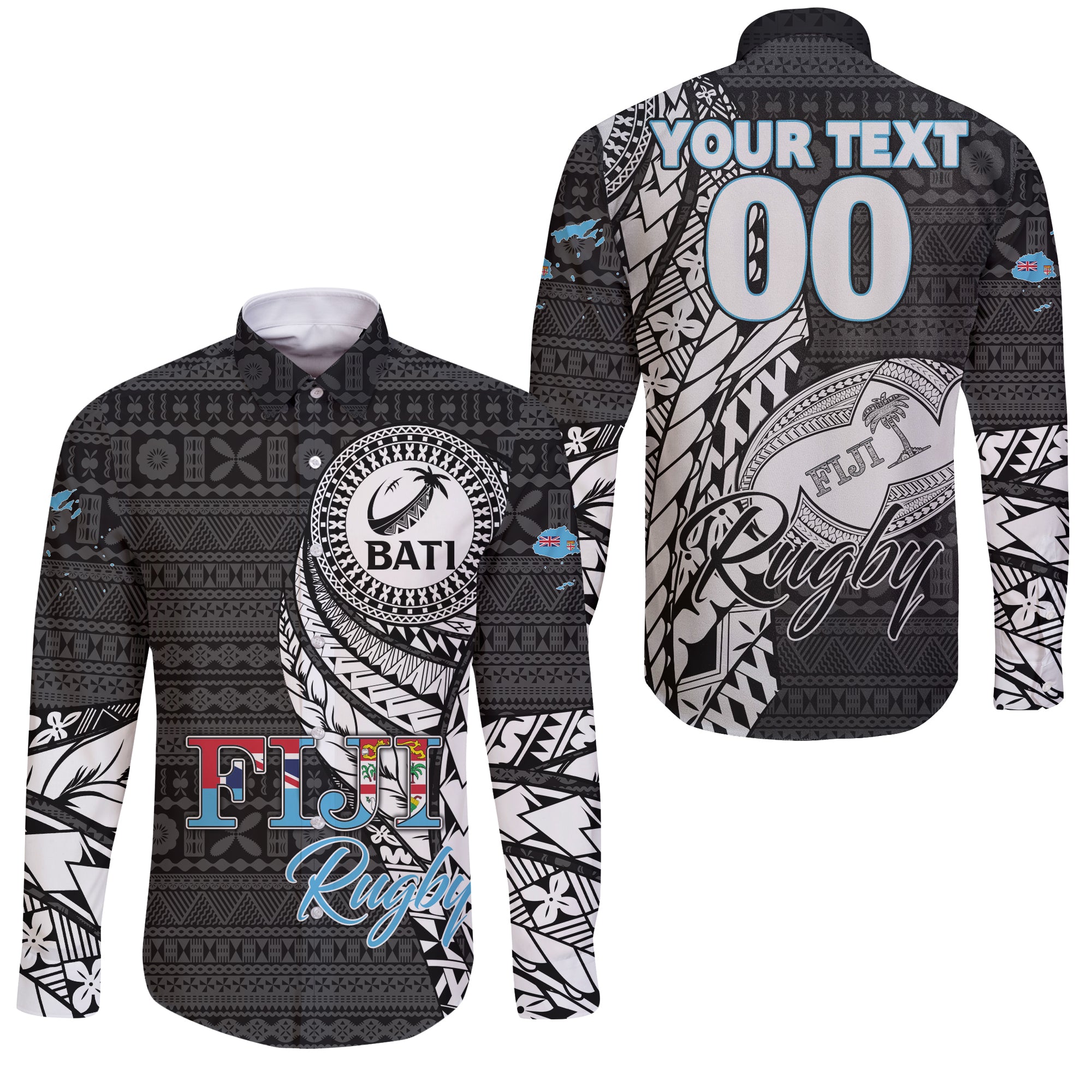 (Custom Personalised) Fiji Rugby Bati Tapa Pattern Sleeve Button Shirt - LT2 Unisex BLACK - Polynesian Pride