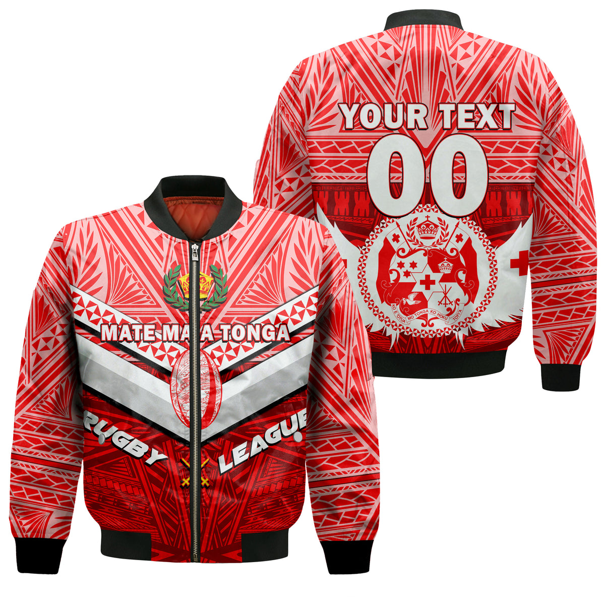 (Custom Personalised) Tonga Rugby Mate Ma'a Tonga Tapa Pattern Bomber Jacket - LT2 Unisex RED - Polynesian Pride