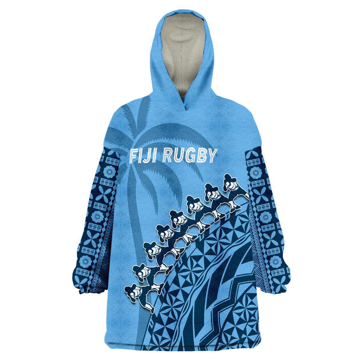 (Custom Text And Number) Fiji Rugby Fijian Cibi Dance Tapa Pattern Blue Wearable Blanket Hoodie LT14 Unisex One Size - Polynesian Pride