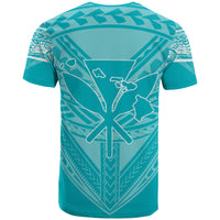 Hawaiian Kanaka Map Football Jersey T Shirt Cyan and White Roger Style - Polynesian Pride