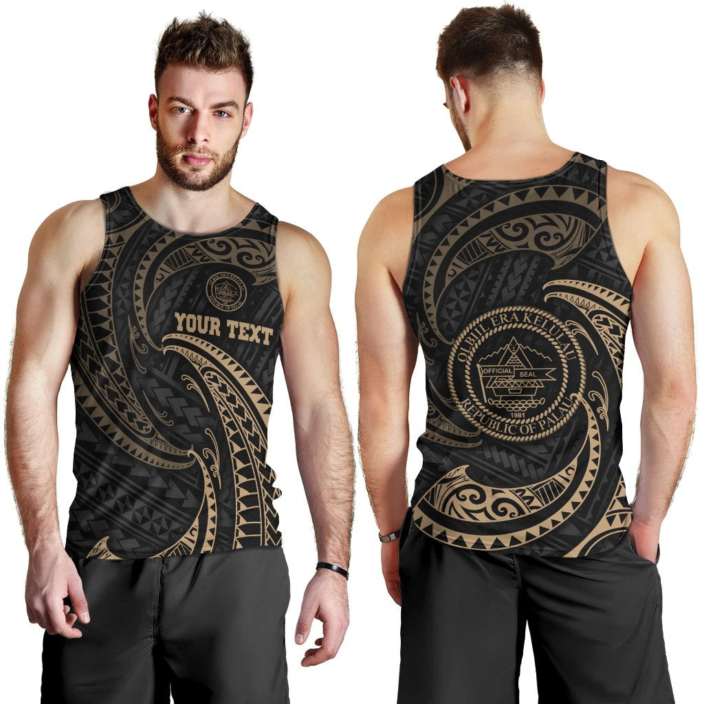 Palau Polynesian Custom Personalised Men's Tank Top - Gold Tribal Wave Black - Polynesian Pride