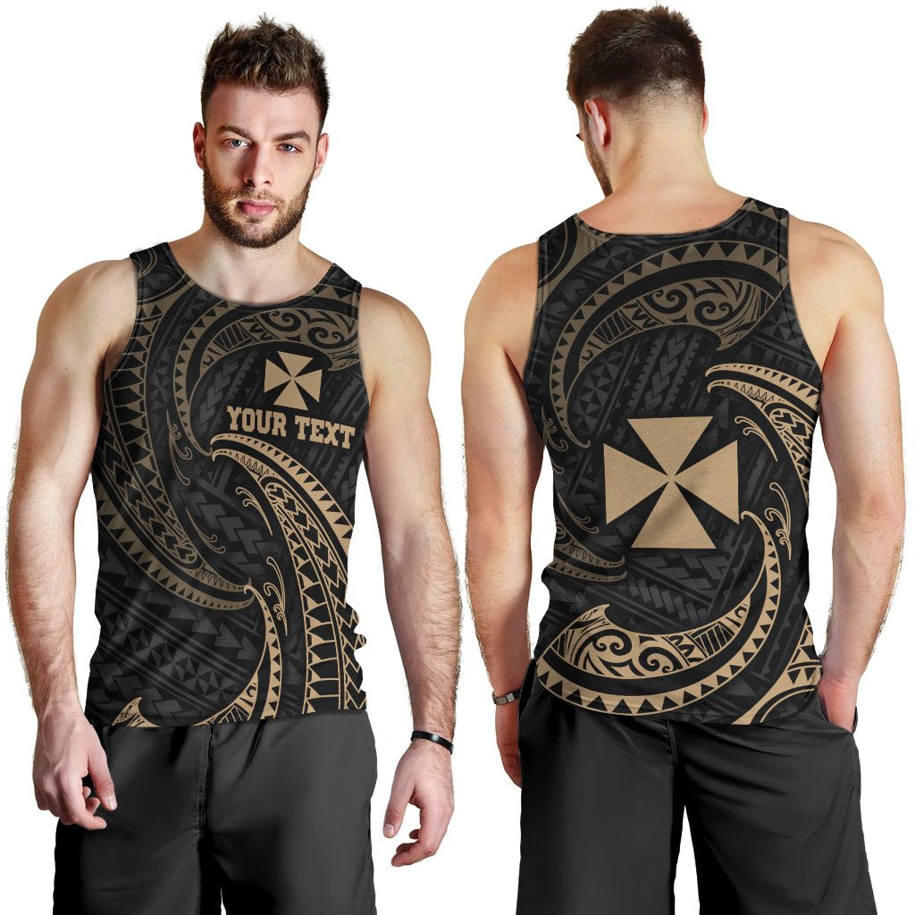 Wallis And Futuna Polynesian Custom Personalised Men's Tank Top - Gold Tribal Wave Black - Polynesian Pride