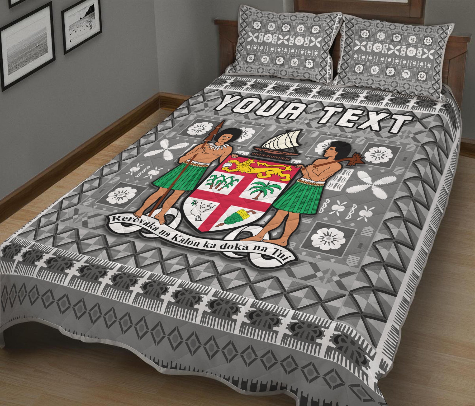 (Custom Personalised) Fiji Quilt Bed Set Pattern - Fijian Tapa Pattern Grey LT13 Grey - Polynesian Pride