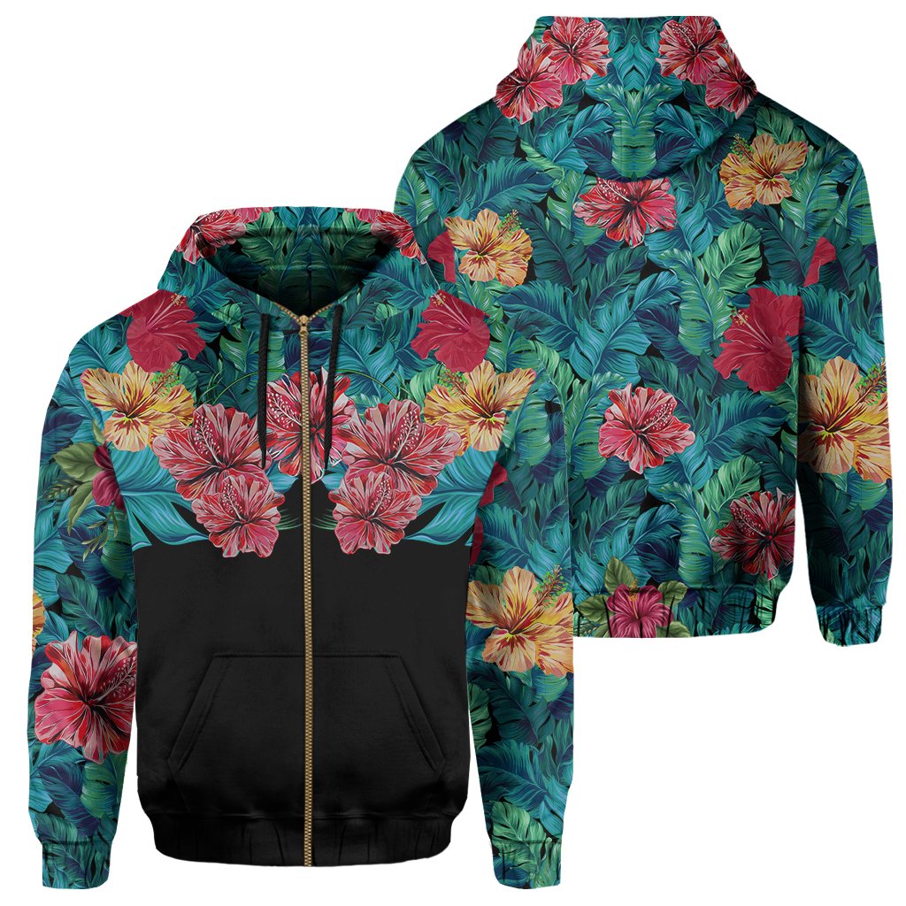 Tropical Hibiscus Hawaii Zip Hoodie Black Unisex Black - Polynesian Pride