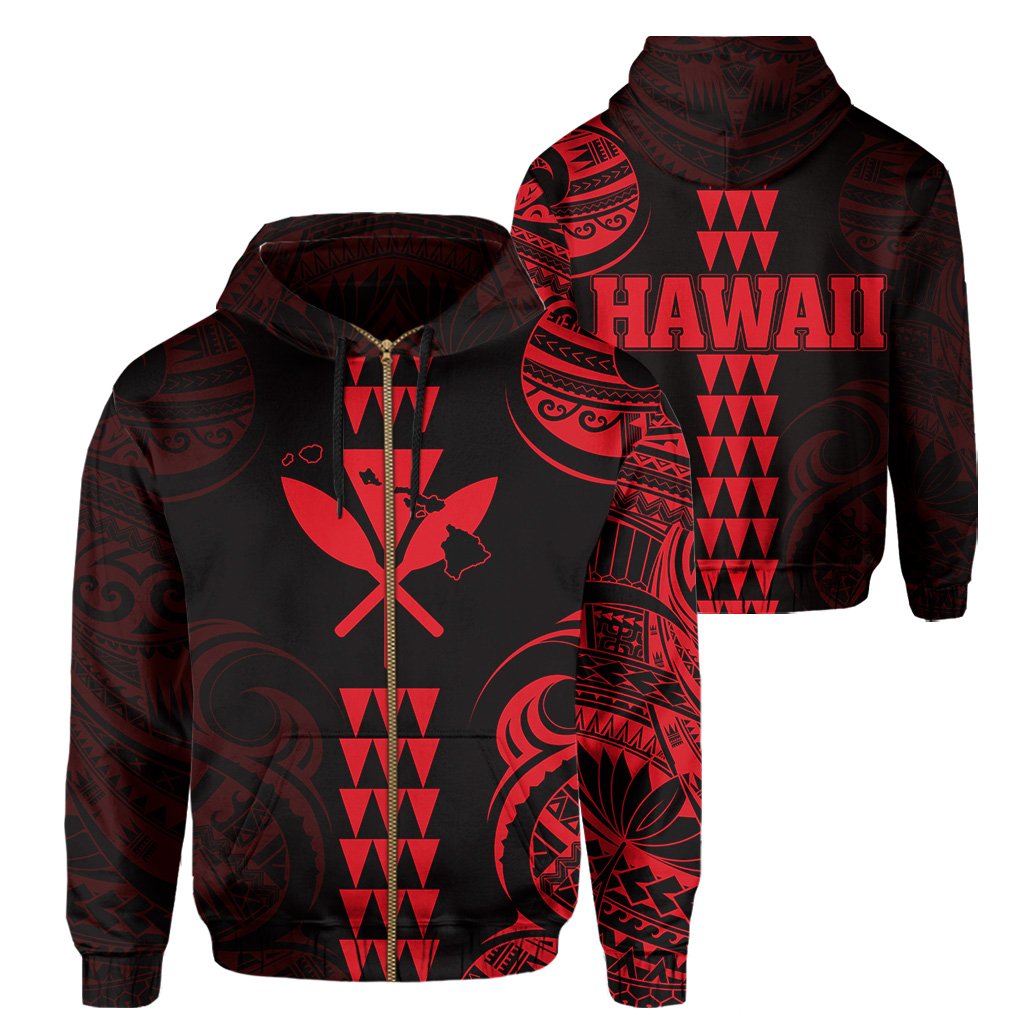Kanaka Map Polynesian Kakau Hoodie (Zip up) Red Unisex Red - Polynesian Pride