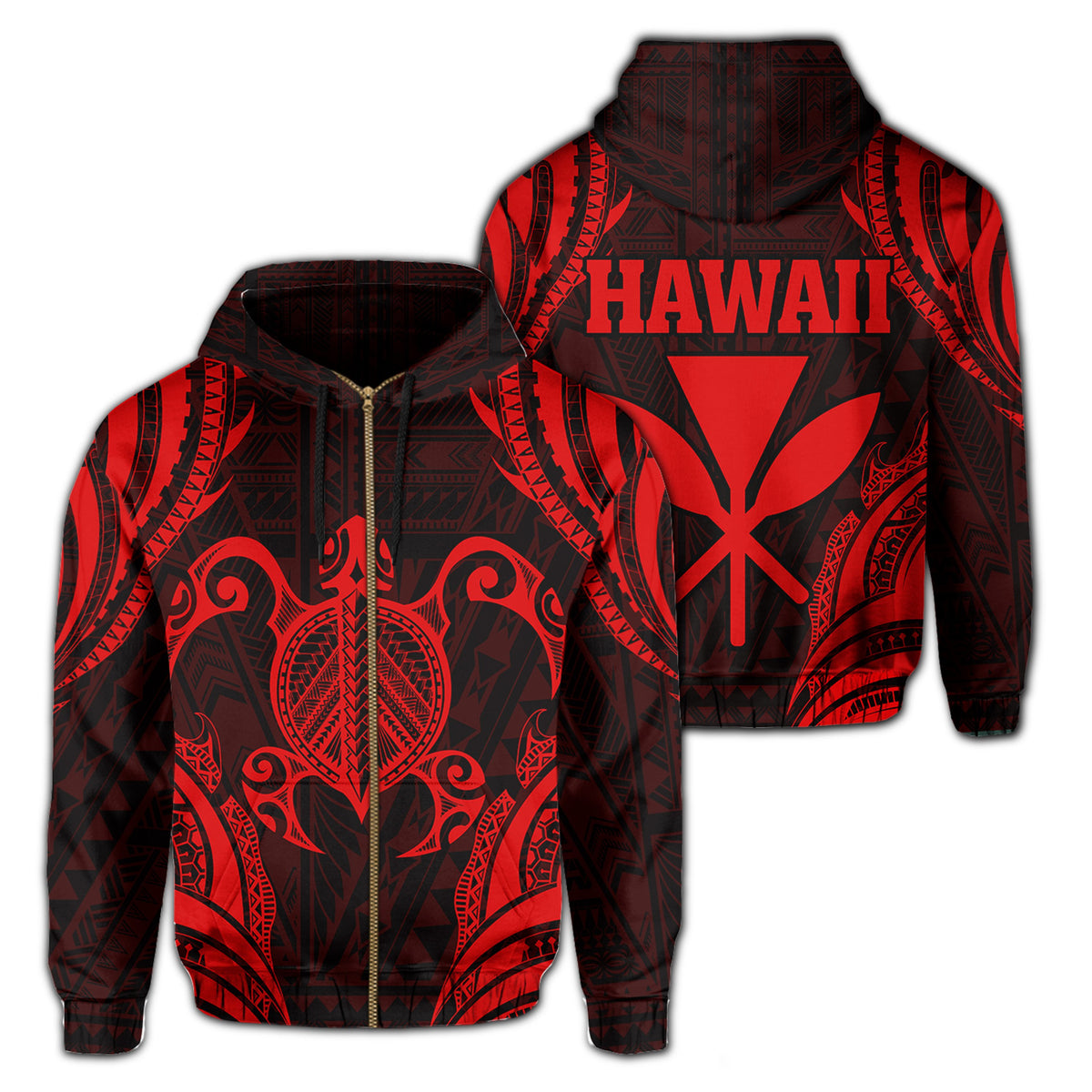 Polynesian Turtle Kanaka Maoli Hawaii Zip Hoodie Red Unisex Red - Polynesian Pride
