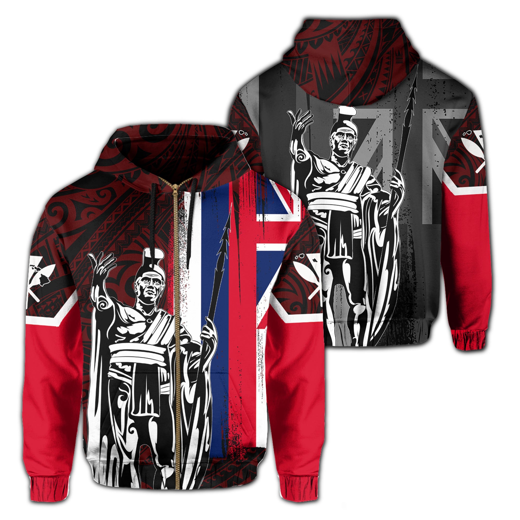 Hawaii King Flag Polynesian Hoodie (Zip up) Red Unisex Red - Polynesian Pride