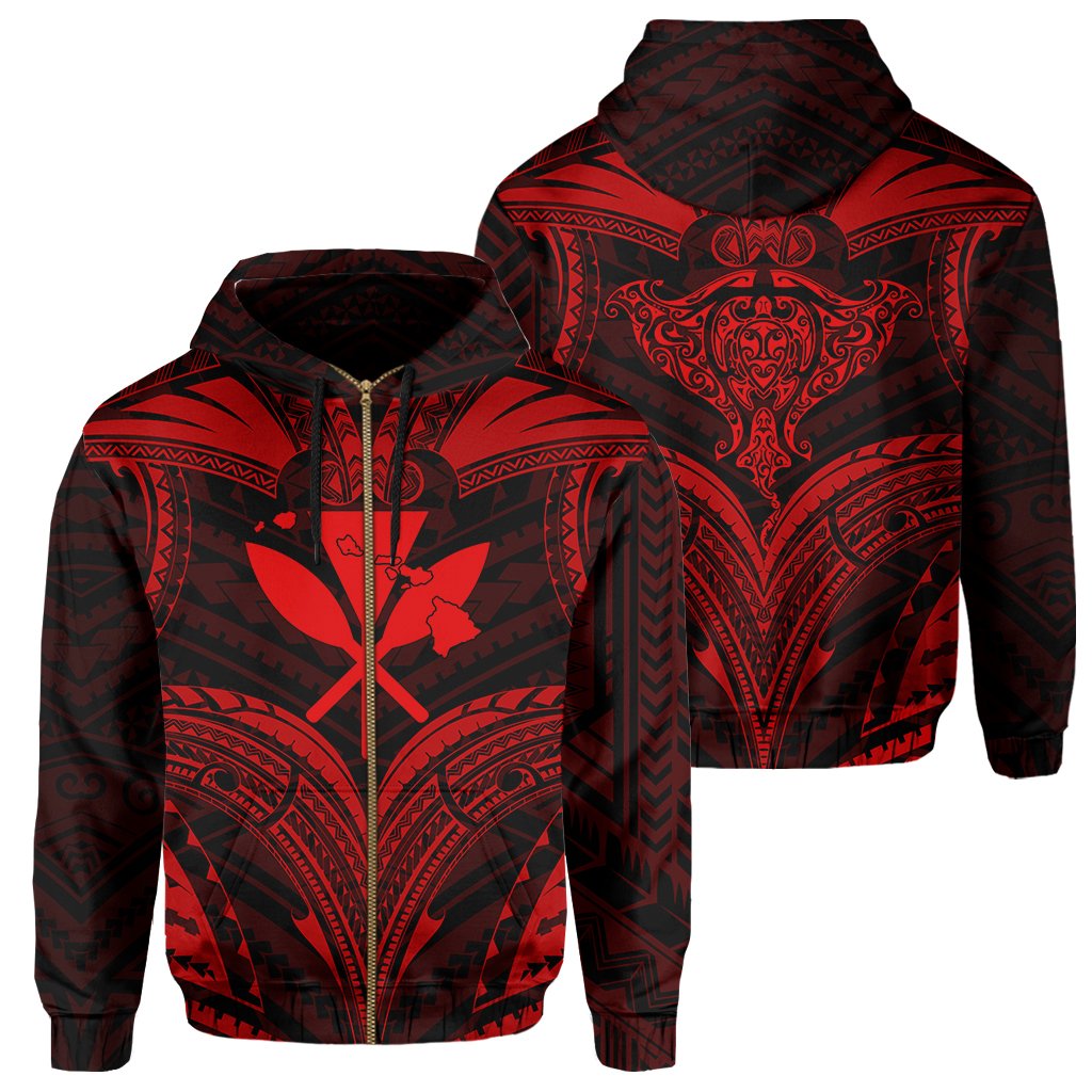 Polynesian Kanaka Shark Turtle Manta Ray Map of Hawaii Zip Hoodie Red Unisex Red - Polynesian Pride
