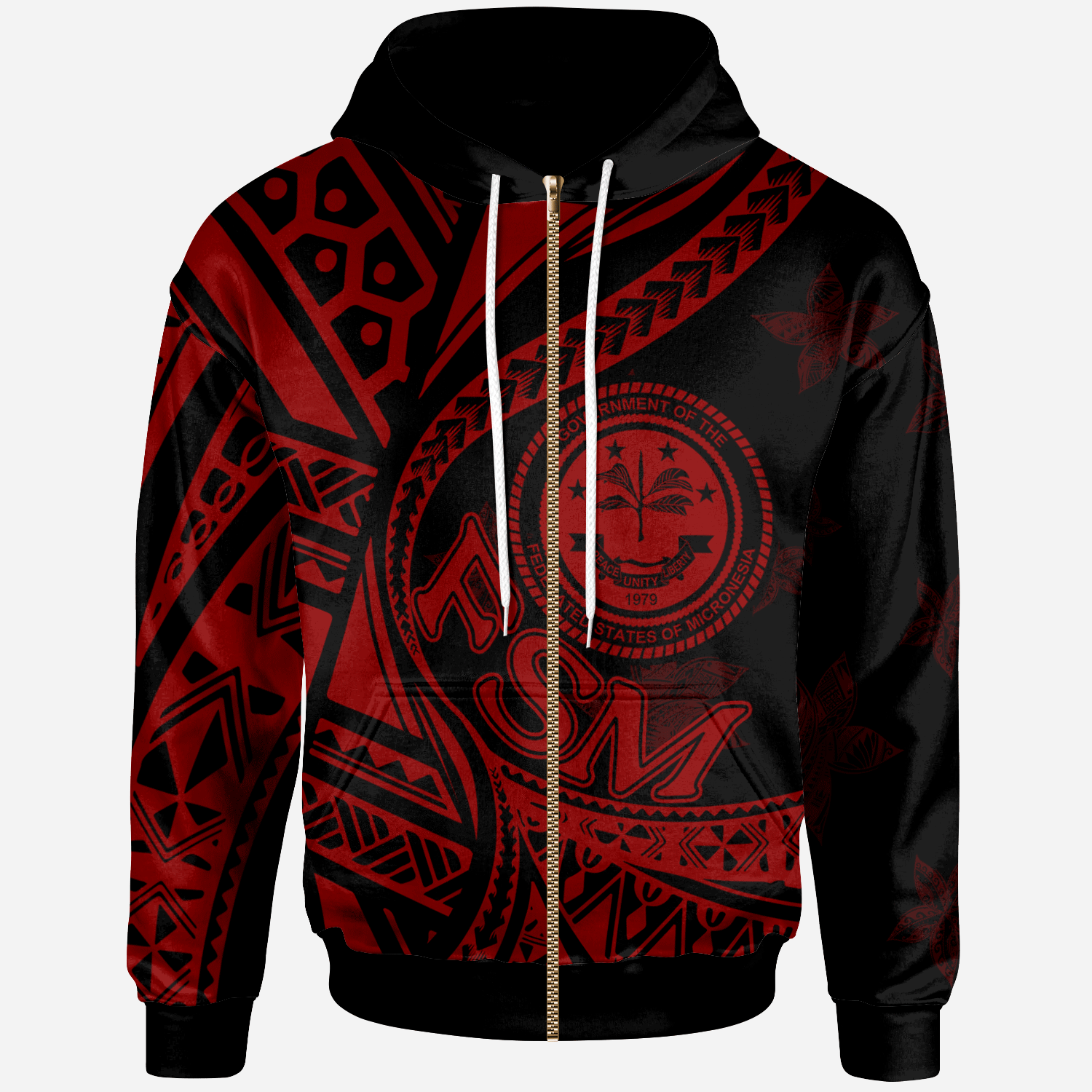 Federated States of Micronesia Zip Hoodie Plumeria Flowers Red Version Unisex Black - Polynesian Pride