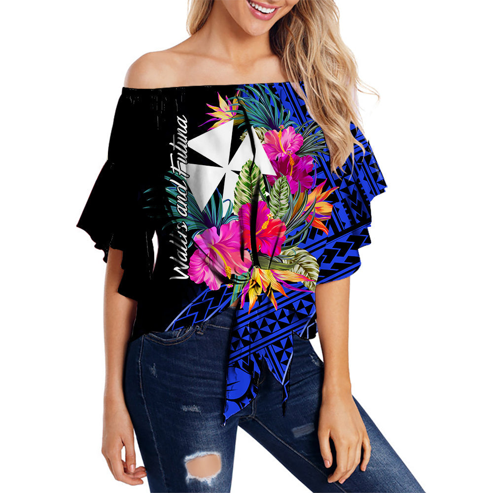 Wallis and Futuna Off Shoulder Waist Wrap Top Hibiscus Blue No.1 Color LT6 Women Blue - Polynesian Pride