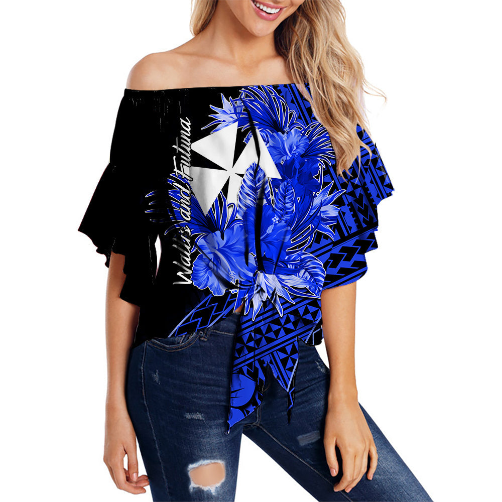 Wallis and Futuna Off Shoulder Waist Wrap Top Hibiscus Blue No.2 Color LT6 Women Blue - Polynesian Pride