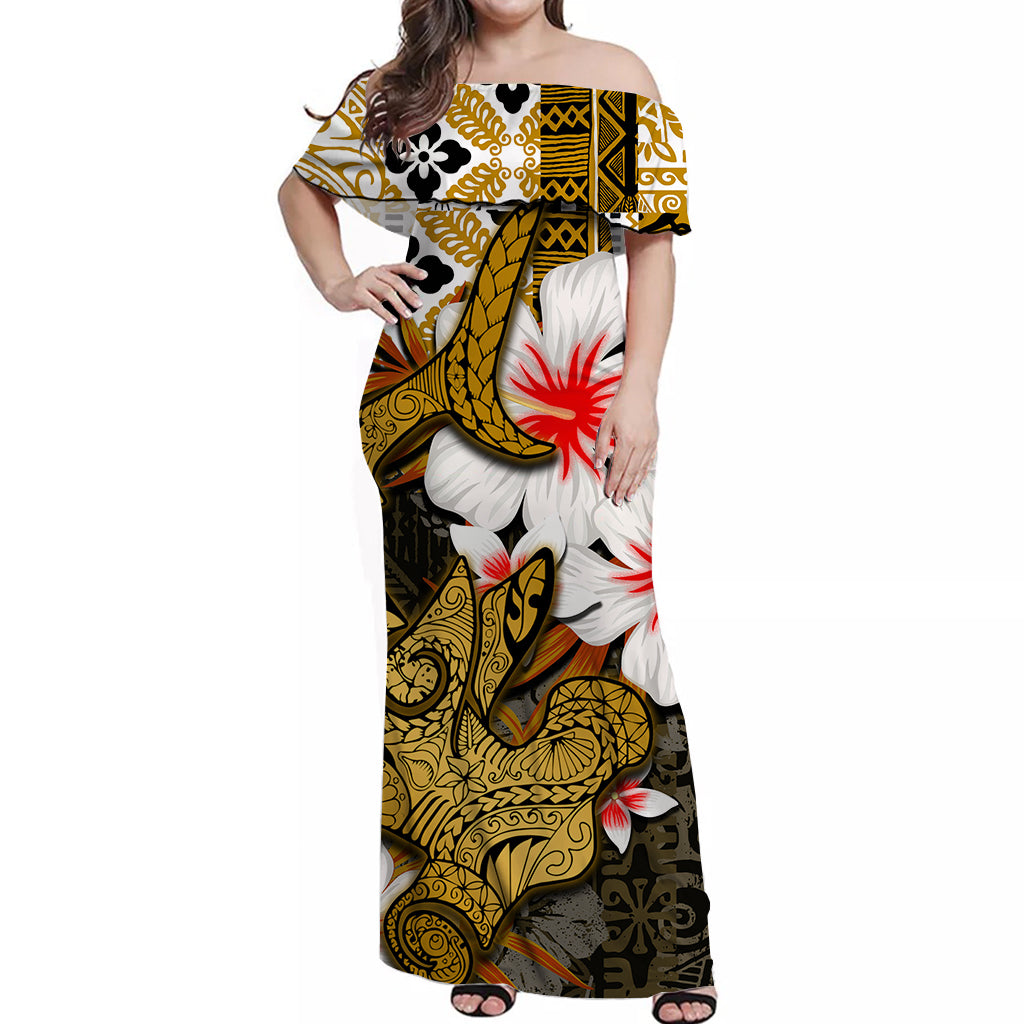 Hammerhead shark Off Shoulder Long Dress Hawaii Style Gold LT6 Long Dress Gold - Polynesian Pride