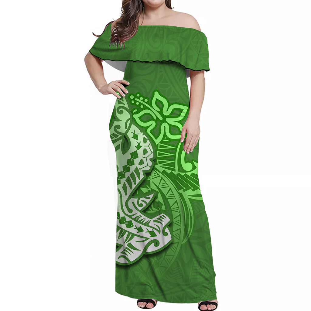 Hammerhead shark Off Shoulder Long Dress Polynesian Green Style LT6 Long Dress Green - Polynesian Pride