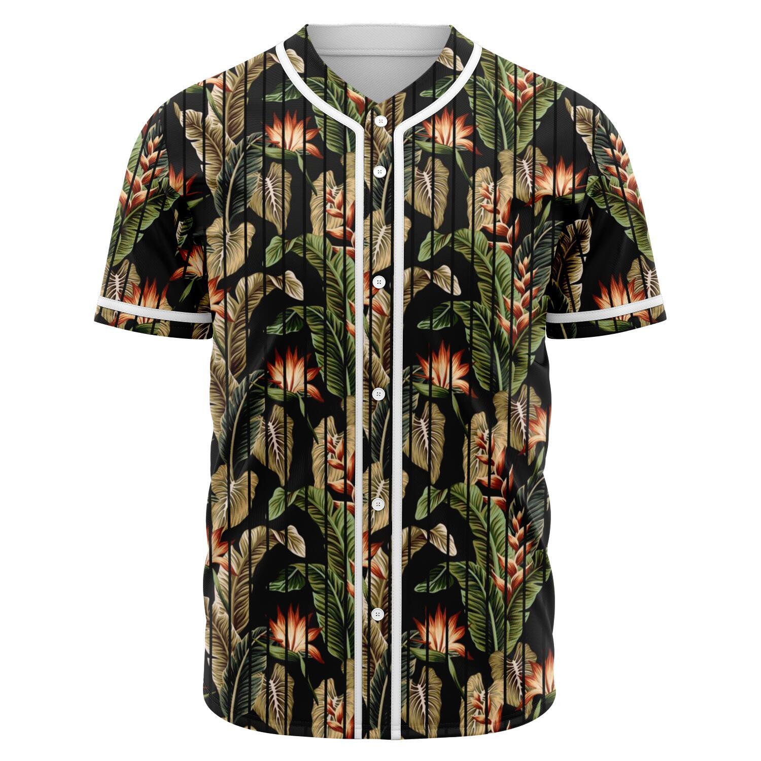 Hawaii Tropical Floral Vintage Strelitzia Flower Banana Leaves Baseball Jersey Black - Polynesian Pride