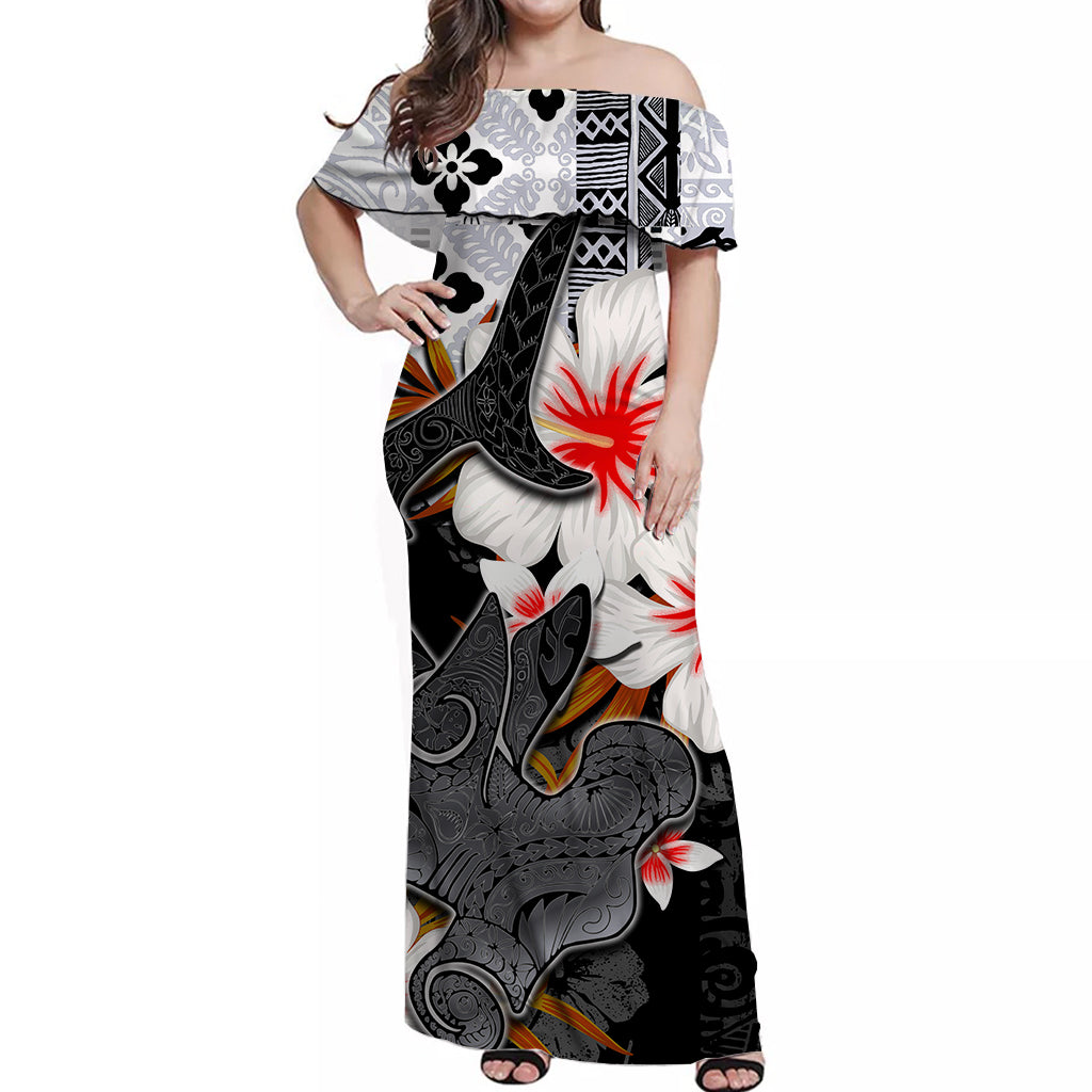 Hammerhead shark Off Shoulder Long Dress Hawaii Style Black LT6 Long Dress Black - Polynesian Pride