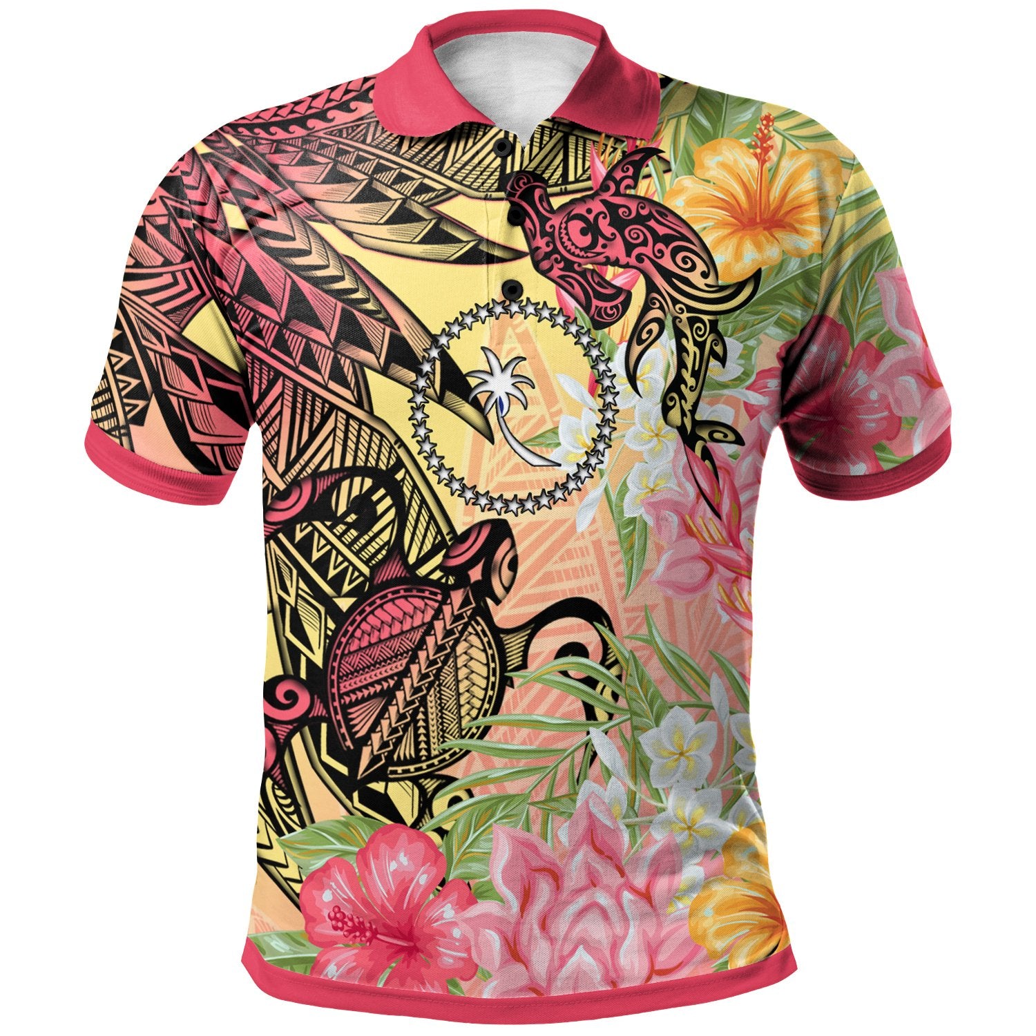 Chuuk State Polo Shirt Flowers Tropical With Sea Animals Unisex Pink - Polynesian Pride