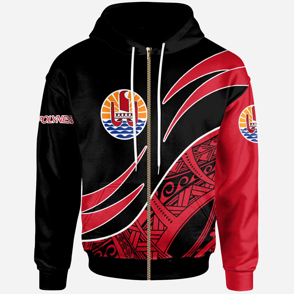 French Polynesia Zip Hoodie Symmetrical Lines Unisex Black - Polynesian Pride