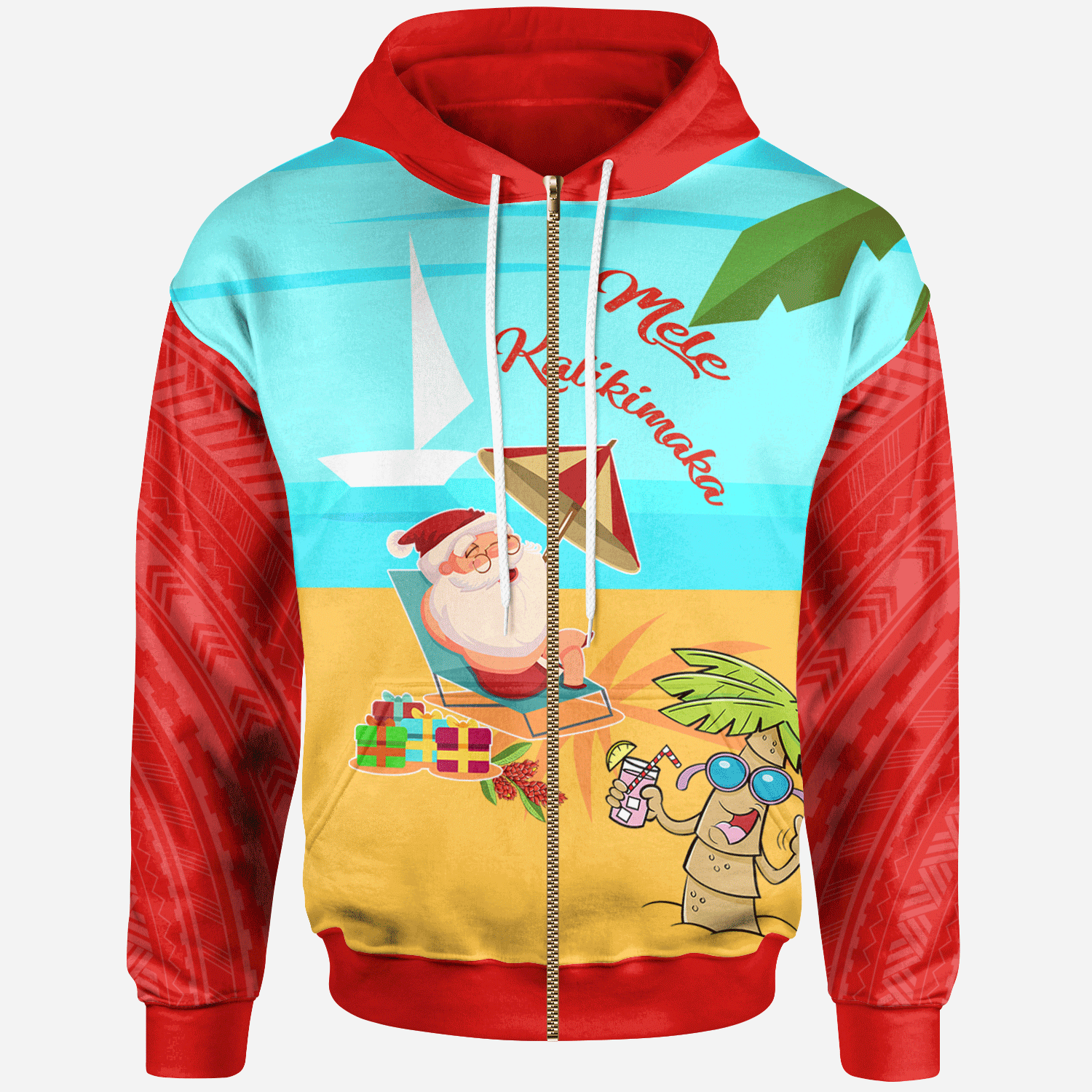 Mele Kalikimaka Zip Hoodie Santa Claus On The Beach Unisex Red - Polynesian Pride