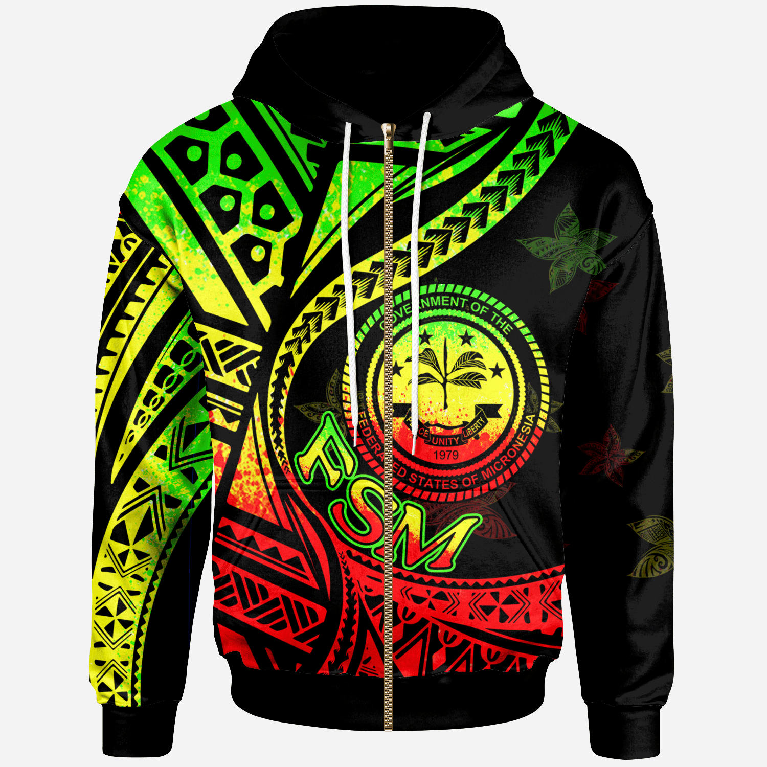 Federated States of Micronesia Zip Hoodie Plumeria Flowers Raggage Version Unisex Black - Polynesian Pride