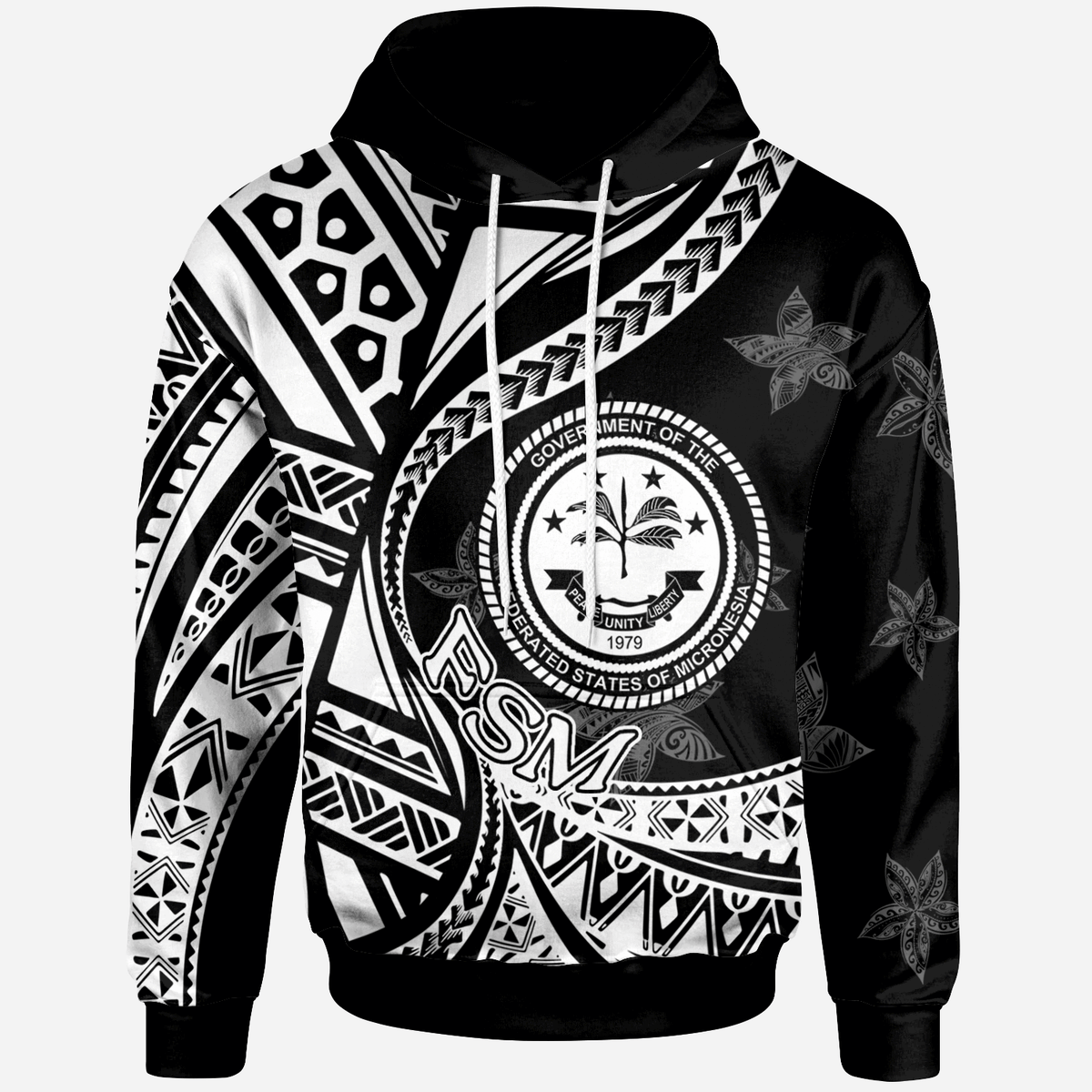 Federated States of Micronesia Hoodie Plumeria Flowers White Version Unisex Black - Polynesian Pride