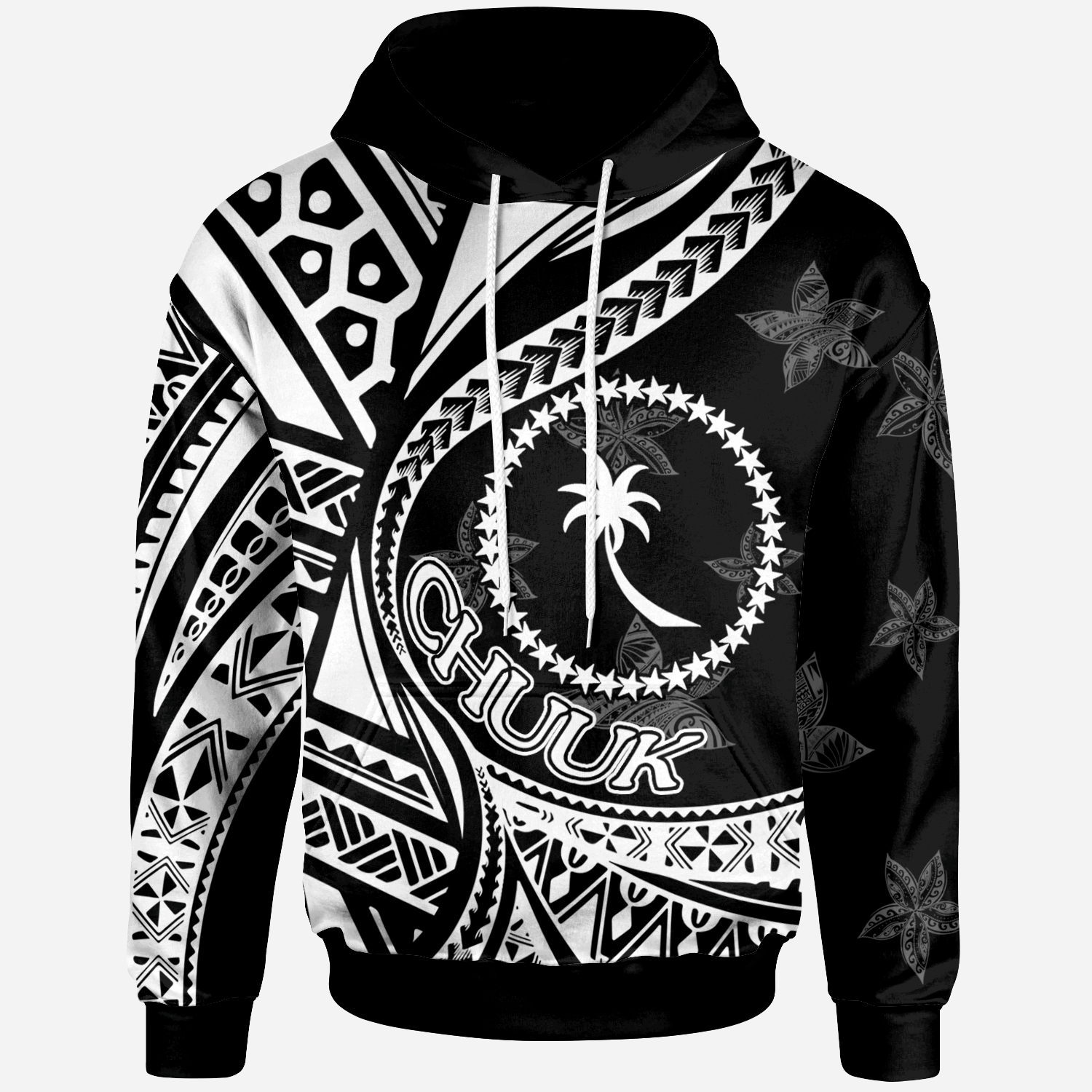 Chuuk Hoodie Plumeria Flowers White Version Unisex Black - Polynesian Pride