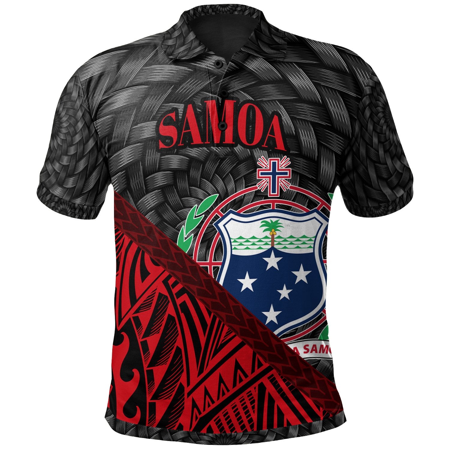 Samoa Polo Shirt Red Polynesian Patterns With Bamboo Unisex Black - Polynesian Pride