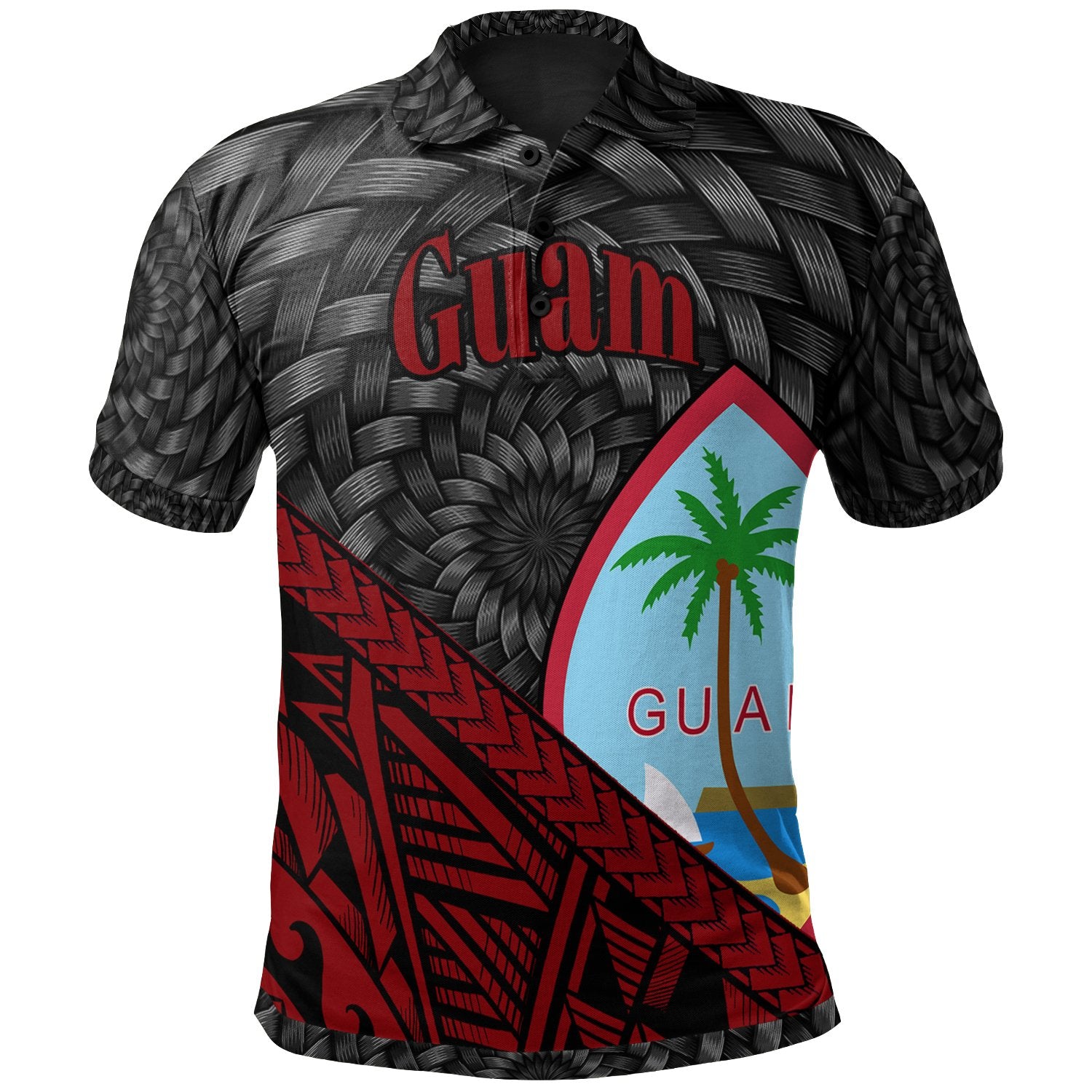 Guam Polo Shirt Red Tapa Patterns With Bamboo Unisex Black - Polynesian Pride