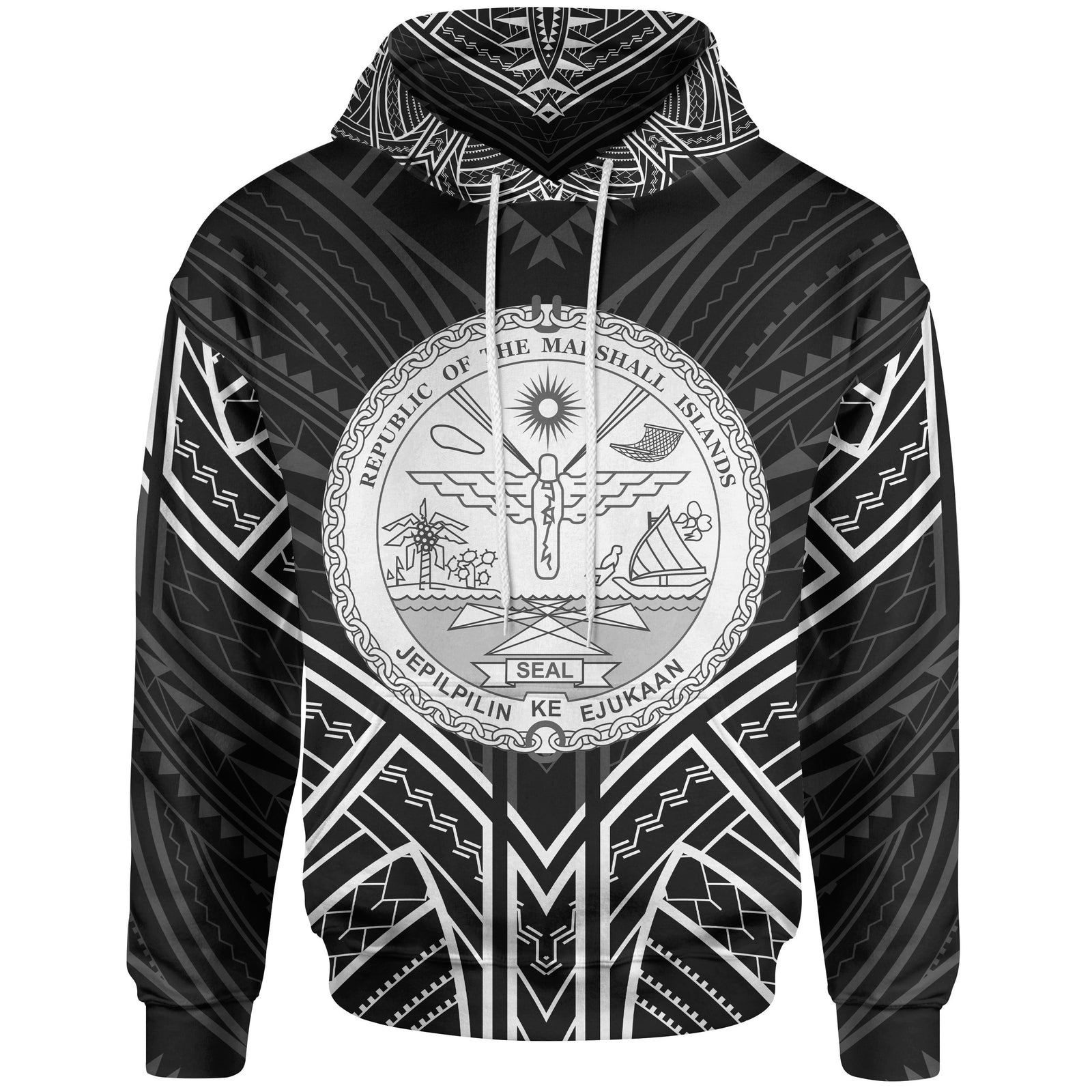 Marshall Islands Hoodie Marshall Islands Seal Black Tribal Patterns Unisex White - Polynesian Pride
