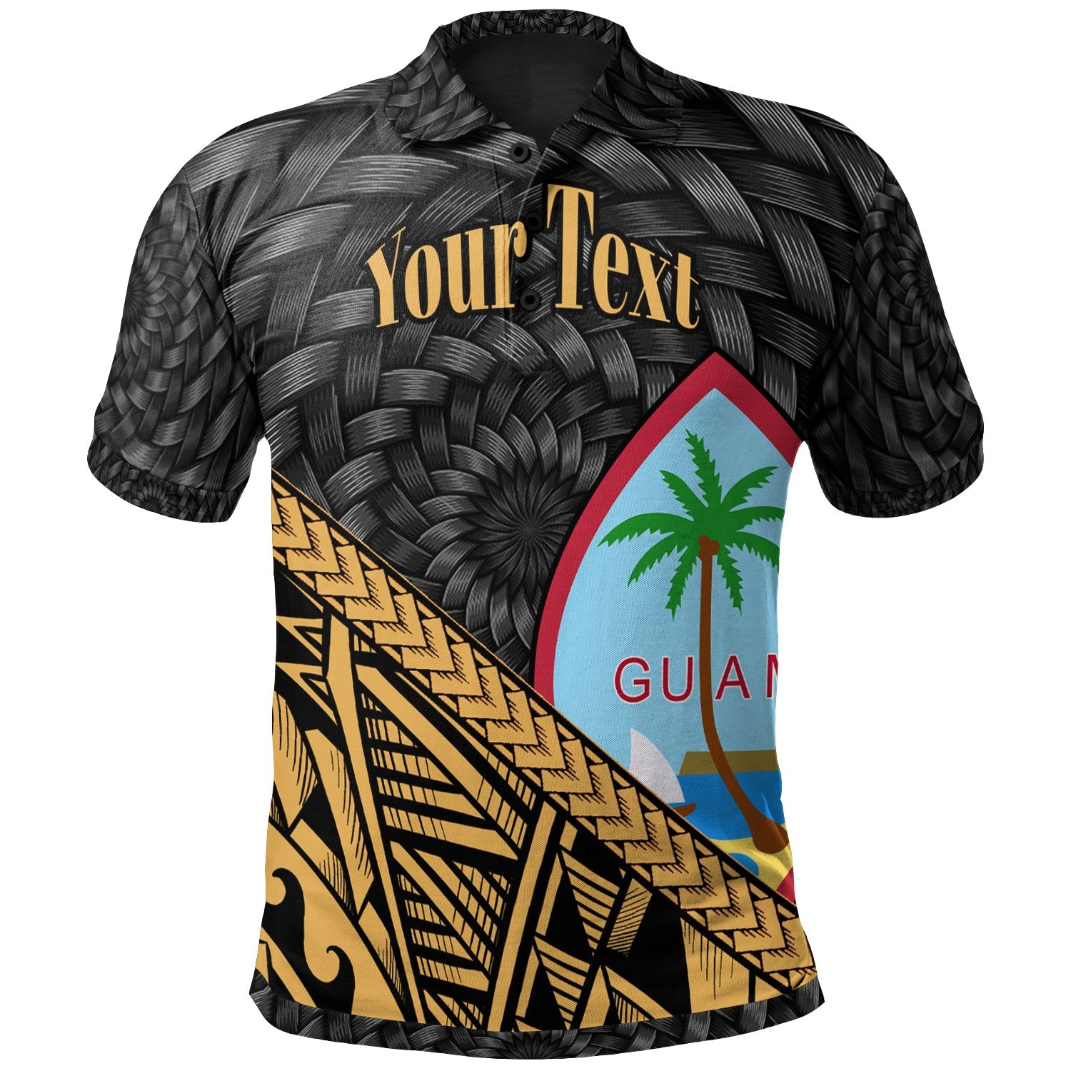 Guam Polo Shirt Custom Gold Tapa Patterns With Bamboo Unisex Black - Polynesian Pride