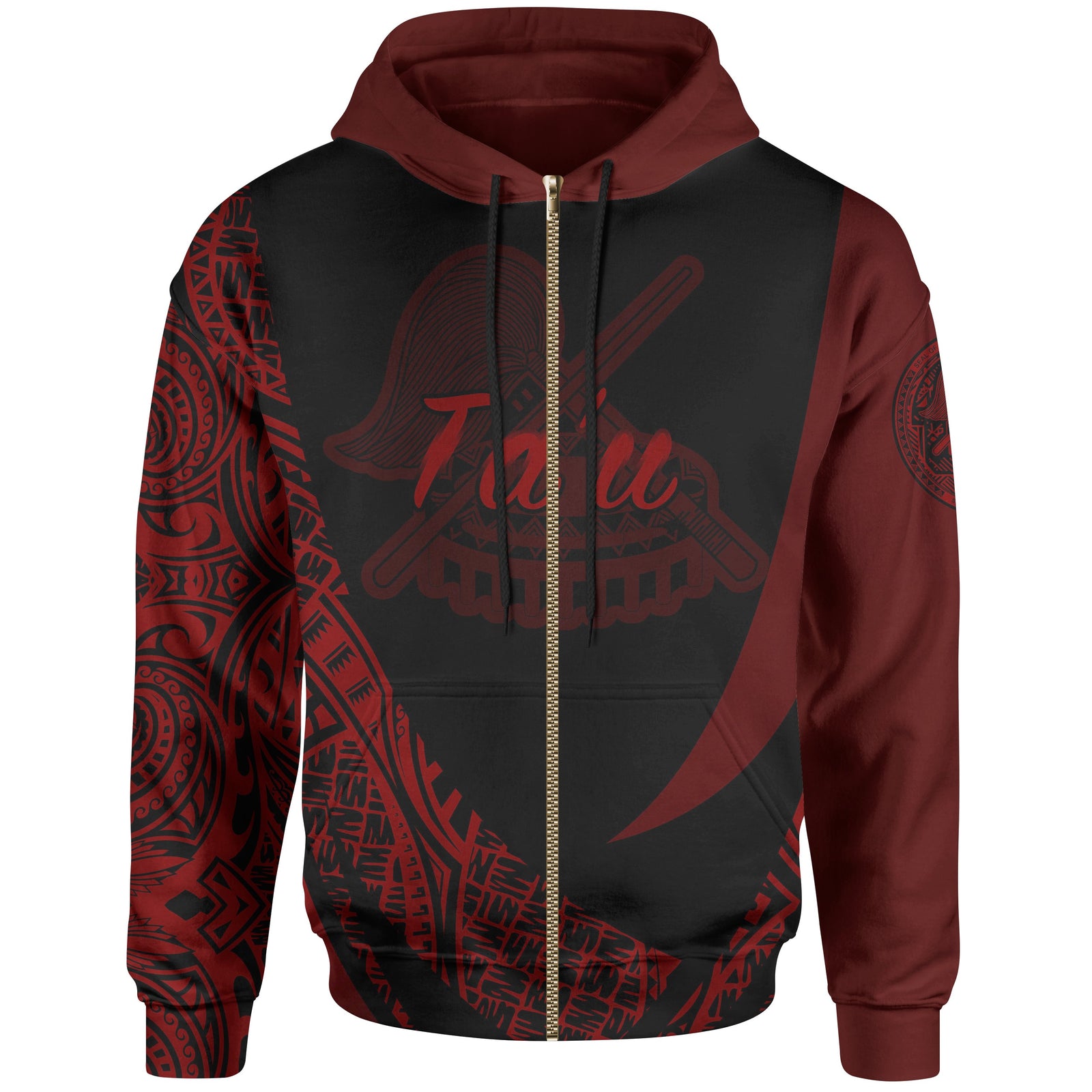 American Samoa Zip Hoodie Manua Tau Polynesian Red Patterns Sport Style Unisex Black - Polynesian Pride