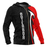 Aotearoa Silver Fern Maori Zip Hoodie Pullover Hoodie Red - Black - Polynesian Pride