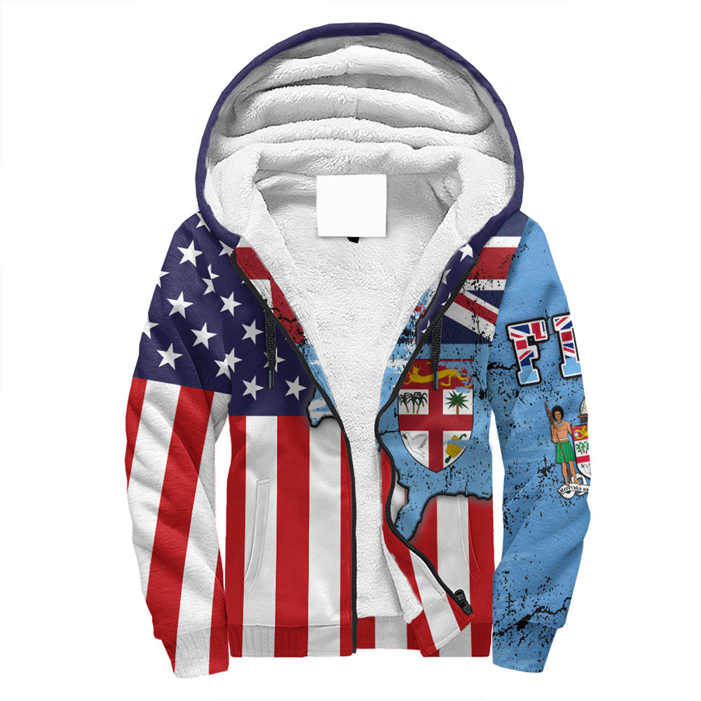 Fiji With America Flag Sherpa Hoodie LT10 Unisex Blue - Polynesian Pride