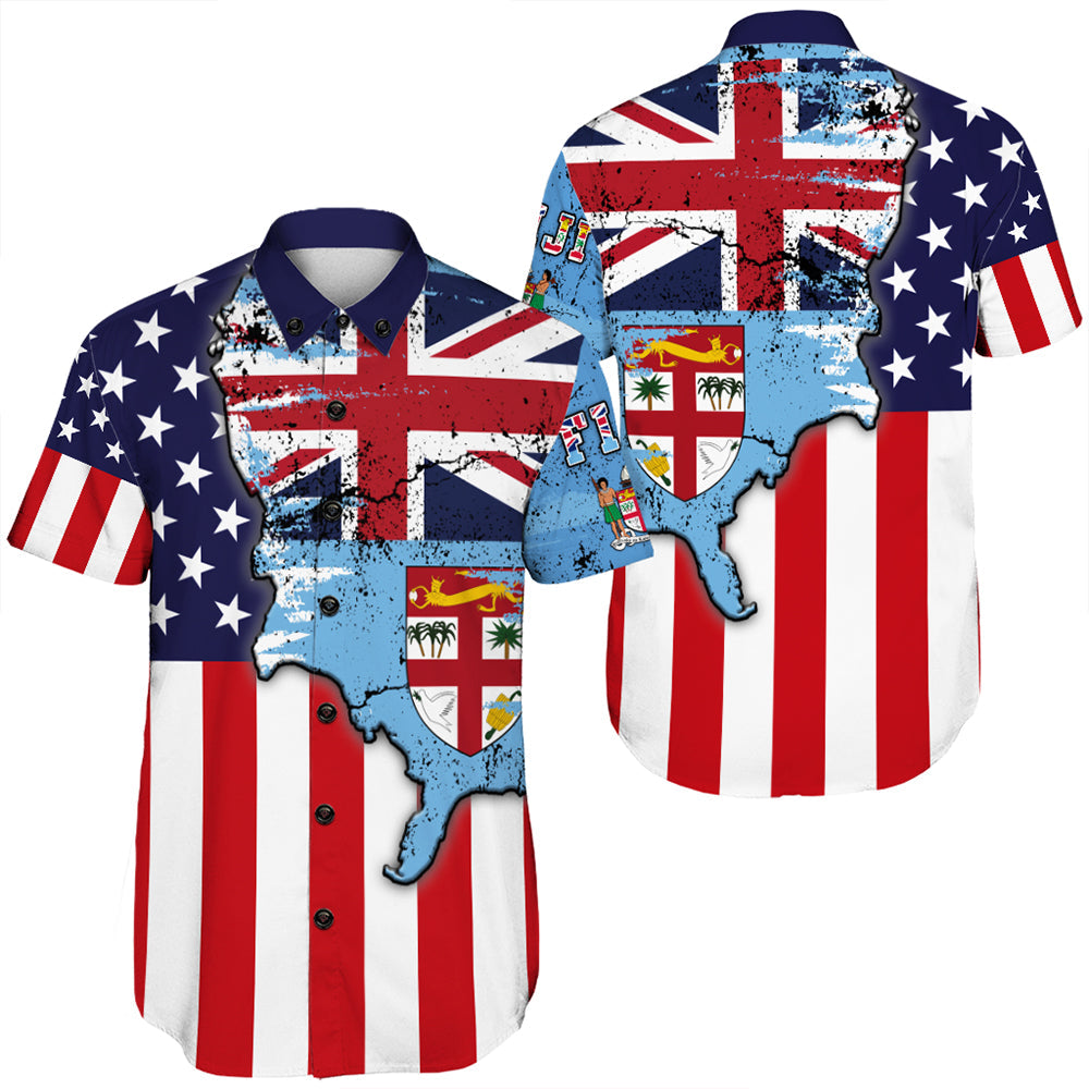 Fiji With America Flag Short Sleeve Shirt LT10 Unisex Blue - Polynesian Pride