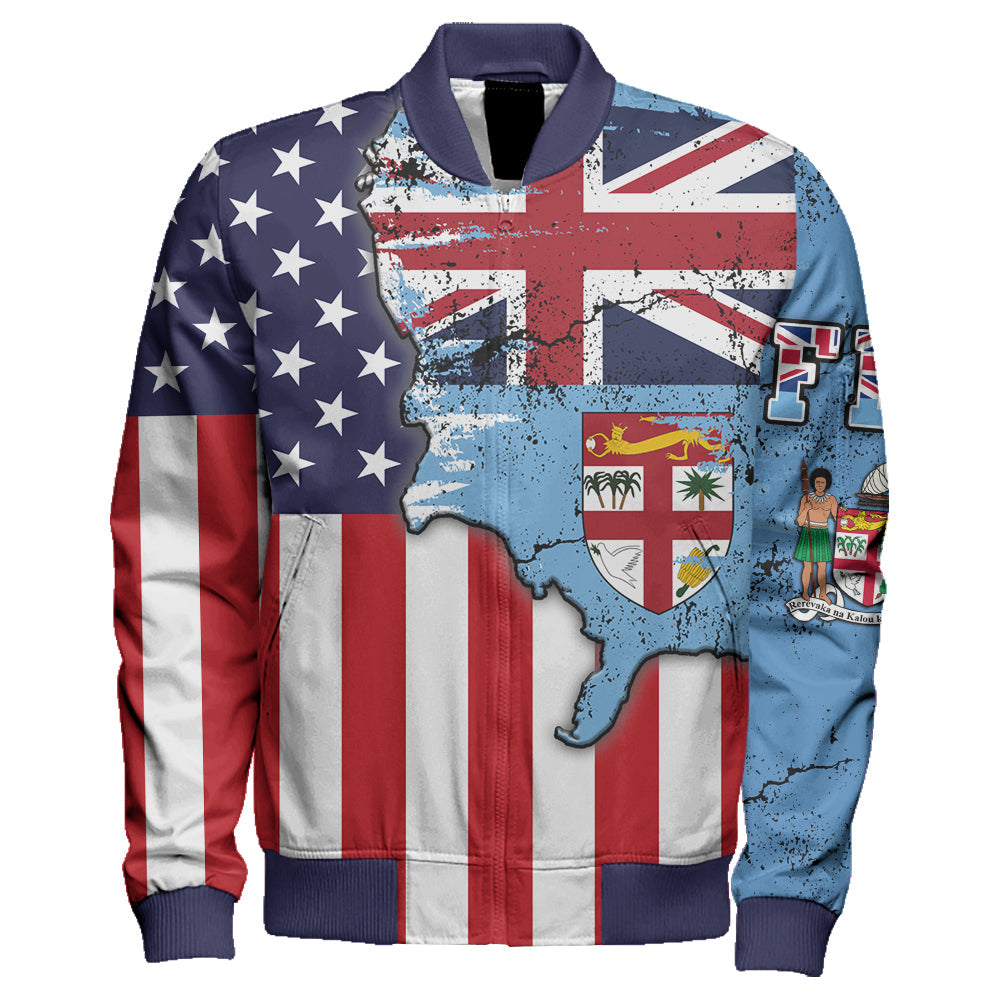 Fiji With America Flag Sleeve Zip Bomber Jacket LT10 Unisex Blue - Polynesian Pride