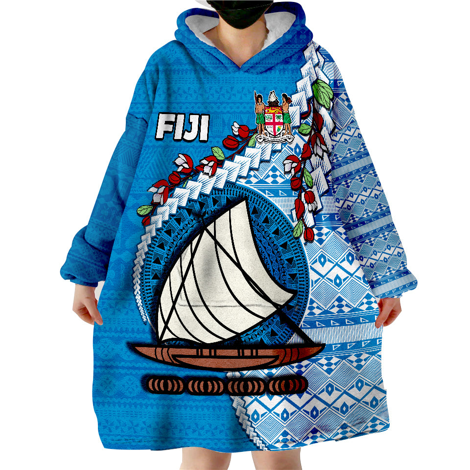 Fiji Fijian Drua Mix Tagimaucia Flower Blue Style Wearable Blanket Hoodie LT14 - Polynesian Pride