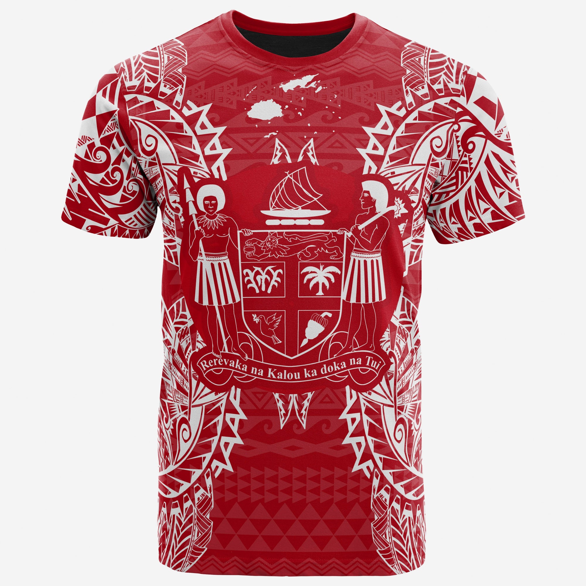 Fiji T Shirt Fijian Coat of Arms Map Polynesian Tattoo Red White Unisex Red - Polynesian Pride