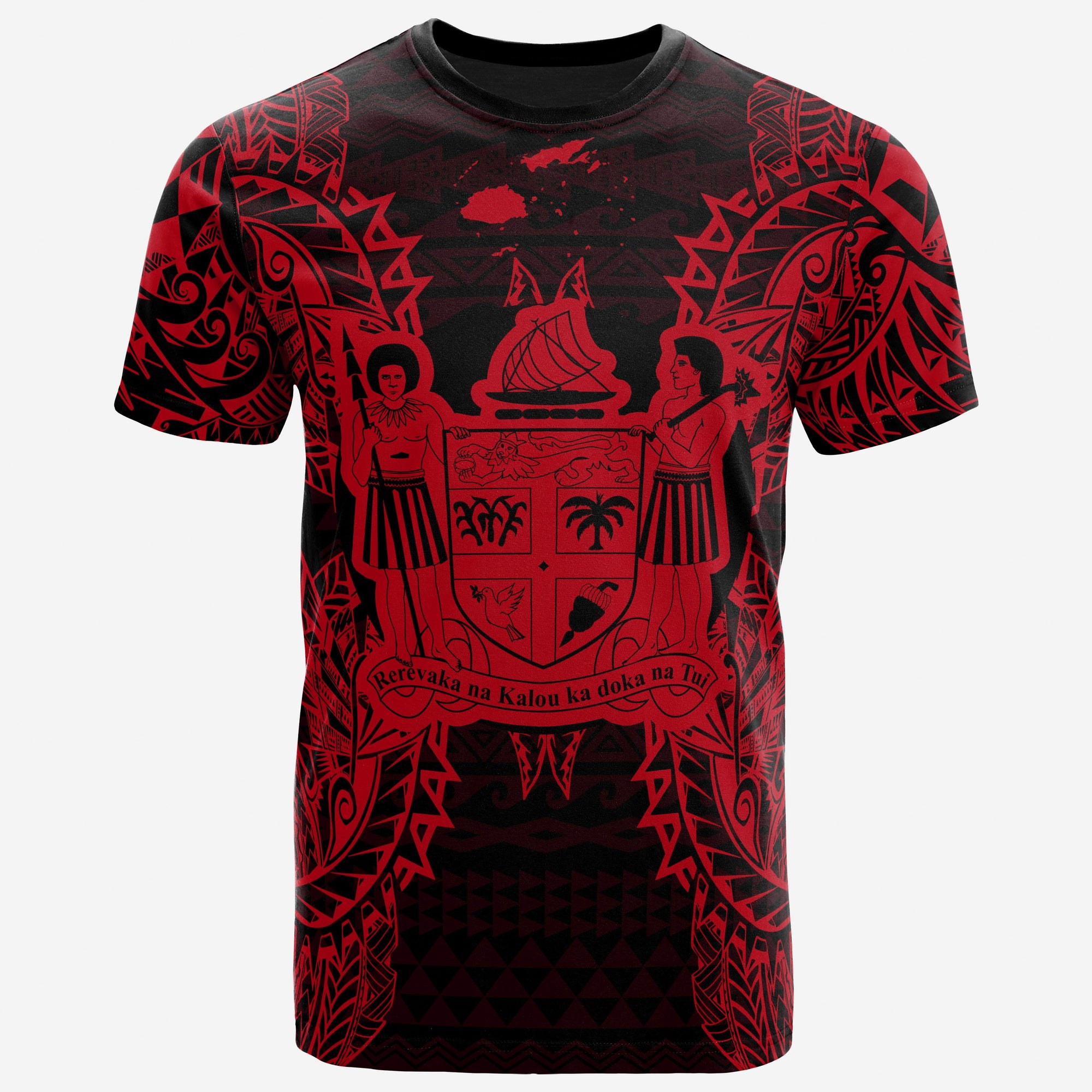 Fiji T Shirt Fijian Coat of Arms Map Polynesian Tattoo Red Unisex Gold - Polynesian Pride