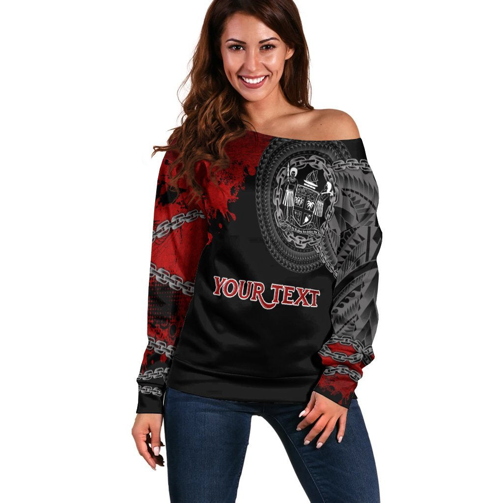 Fiji Polynesian Personalised Women's Off Shoulder Sweater - Polynesian Chain Style Black - Polynesian Pride