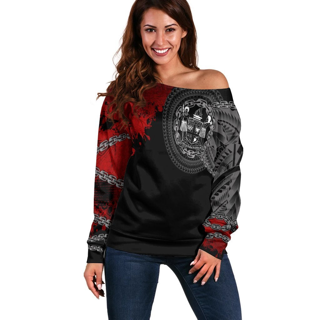 Fiji Polynesian Women's Off Shoulder Sweater - Polynesian Chain Style Black - Polynesian Pride