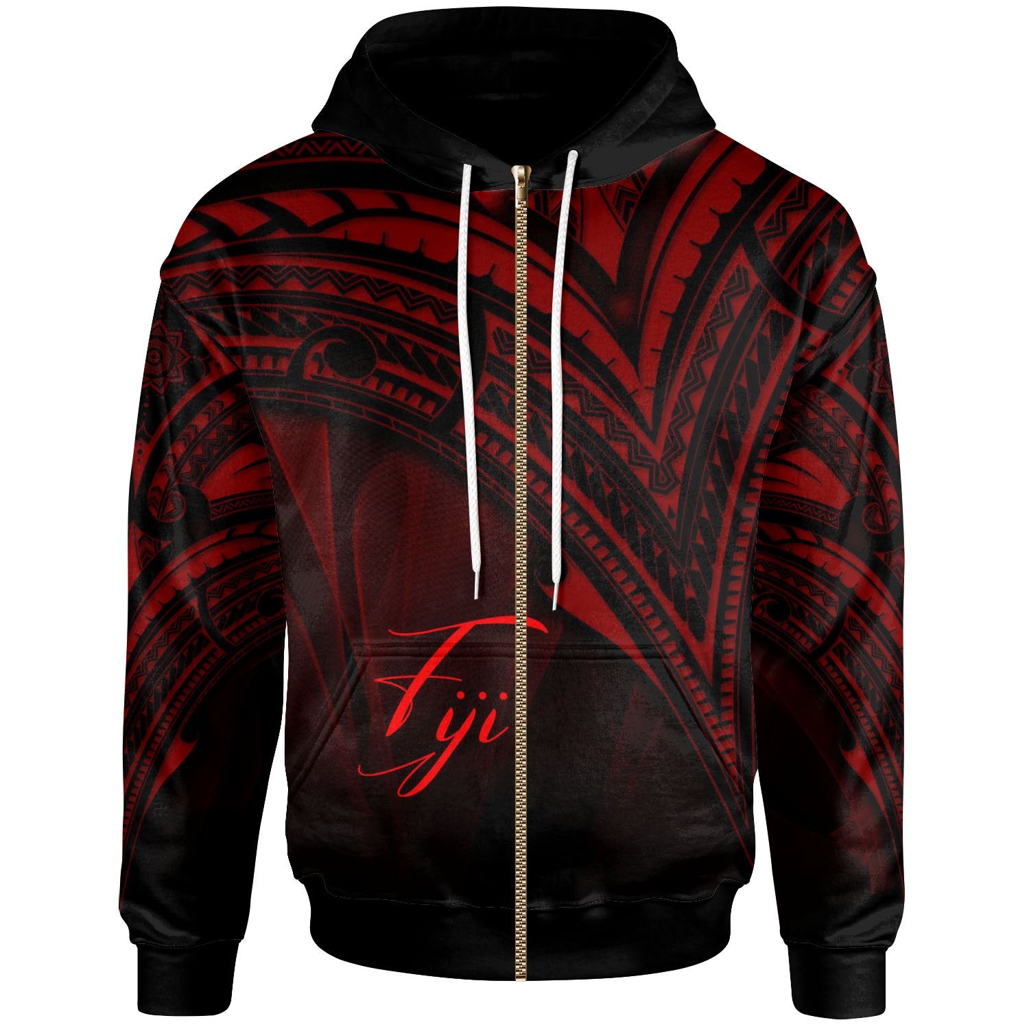 Fiji Zip Hoodie Red Color Cross Style Unisex Black - Polynesian Pride