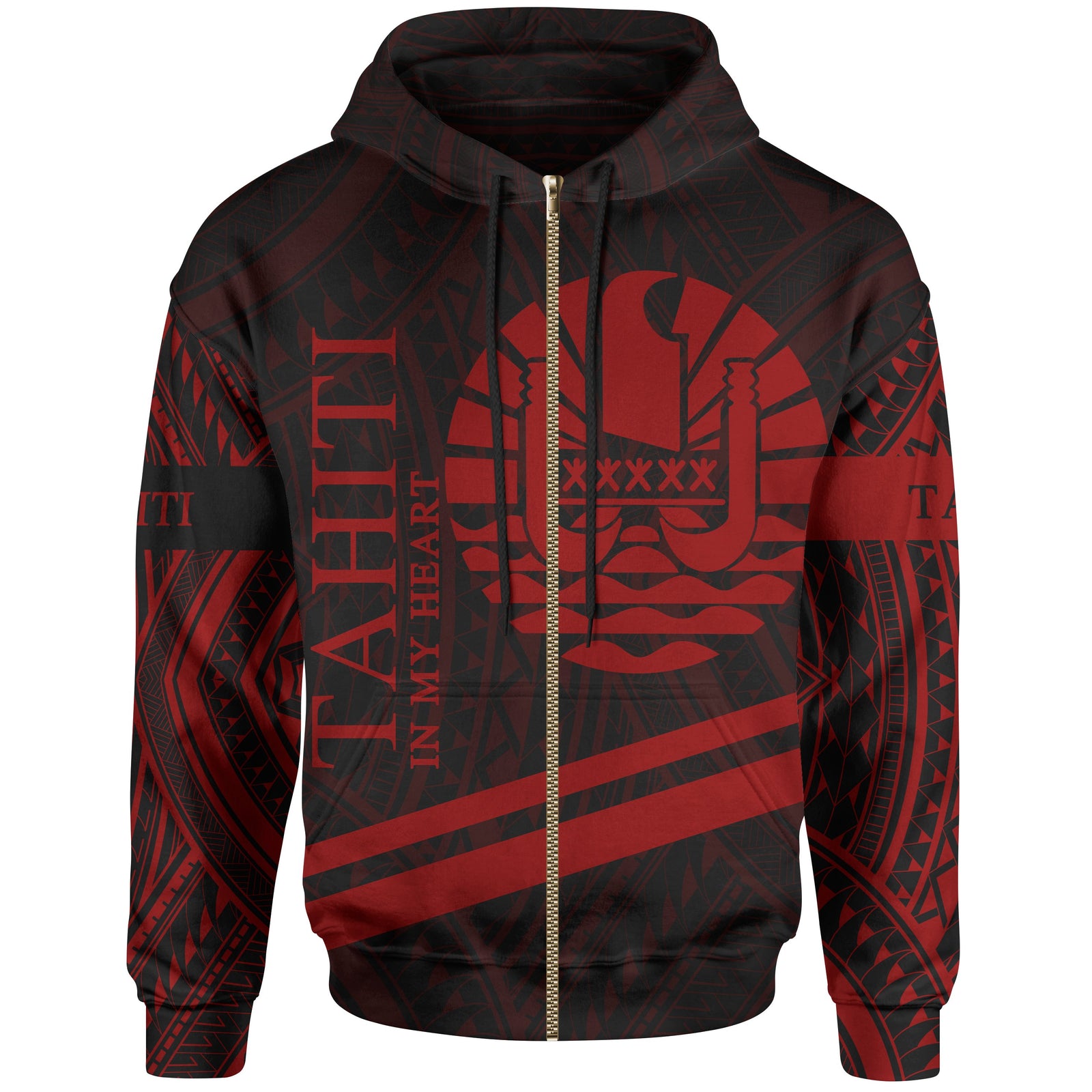 Tahiti Zip Hoodie In My Heart Style Red Polynesian Patterns Unisex Black - Polynesian Pride