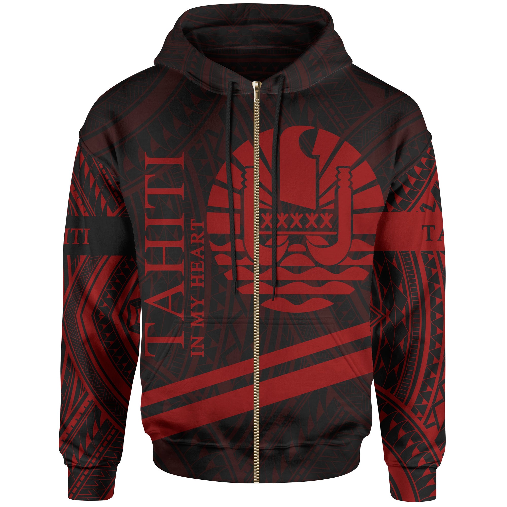 Tahiti Zip Hoodie In My Heart Style Red Polynesian Patterns Unisex Black - Polynesian Pride