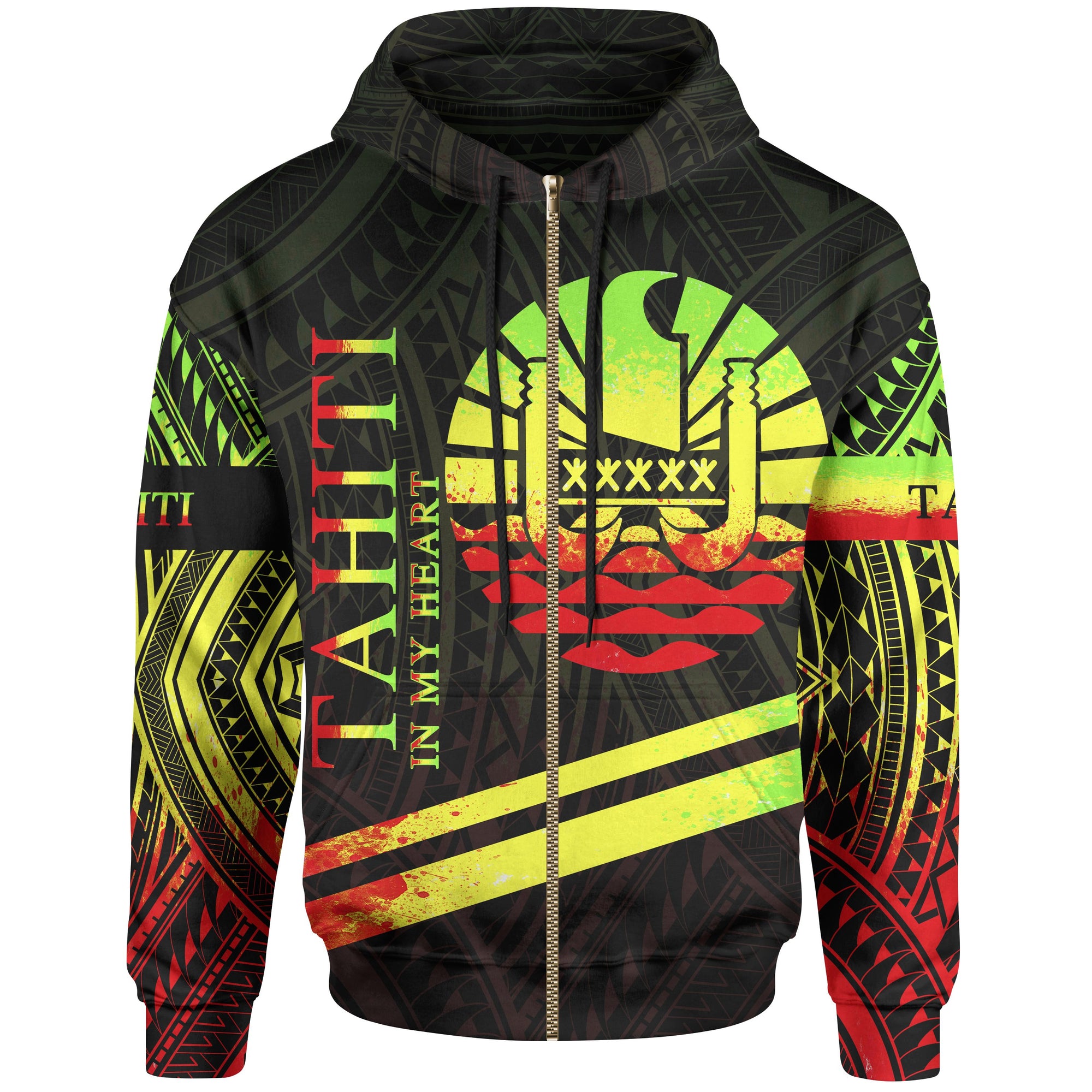 Tahiti Zip Hoodie In My Heart Style Reggae Polynesian Patterns Unisex Black - Polynesian Pride
